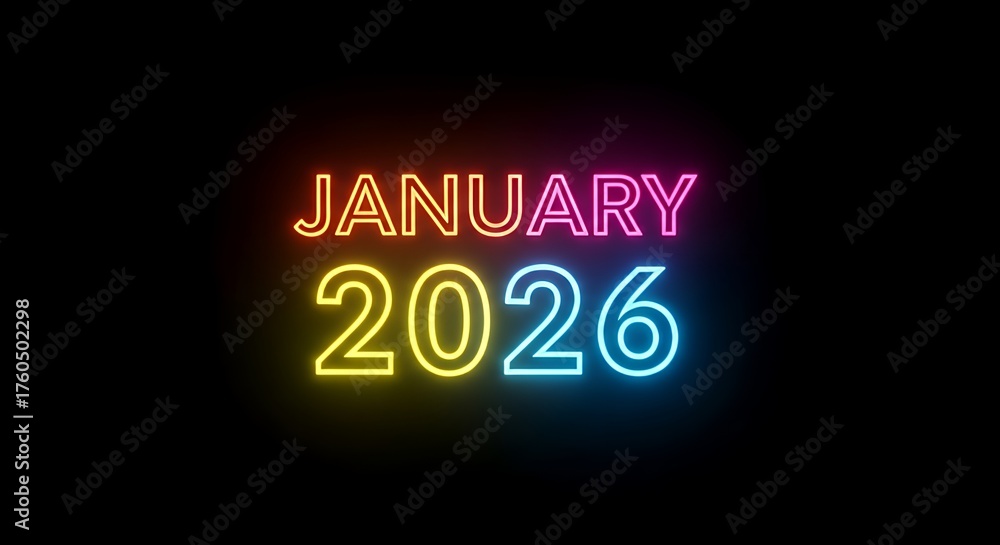 Obraz premium Neon January 2026 Sign Bright Colorful Light Display Modern Calendar