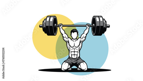Dynamic illustration of a muscular athlete lifting a barbell overhead, radiating strength and determination in a vibrant, modern style