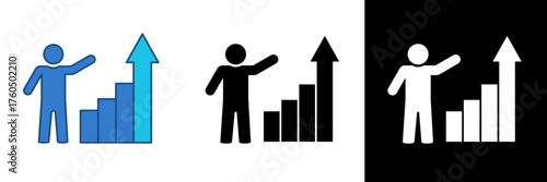 Flat vector icons of a person pointing to a rising bar chart, symbolizing business growth, analytics, and success strategy. Perfect for business reports, marketing presentations, etc.