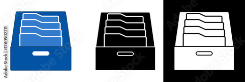 Flat vector icons of file boxes filled with folders, representing document organization, storage, and archiving system. Good for office management visuals, data storage illustration, etc.