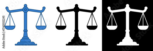 Flat vector illustration of a balanced justice scale symbolizing fairness, equality, and legal decision-making. The icon represents moral integrity, law enforcement, and ethical principles