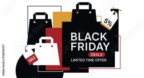 Modern Black Friday sales banner illustration with shopping bags and special offers