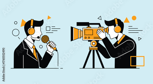 Engaging podcaster recording content while videographer films, perfect for media, content creation, broadcast, or entertainment business concepts