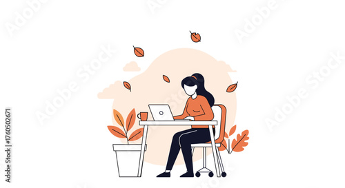 Remote work or study during autumn Woman using laptop outdoors with falling leaves
