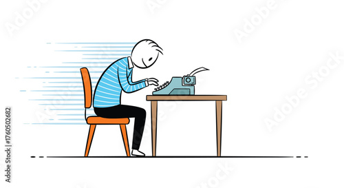 Dynamic stick figure typing rapidly on a vintage typewriter at a desk, conveying speed, creativity, and the art of writing with focused determination