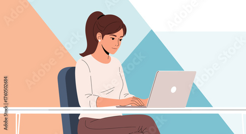 Young professional woman working remotely on laptop Business education freelance