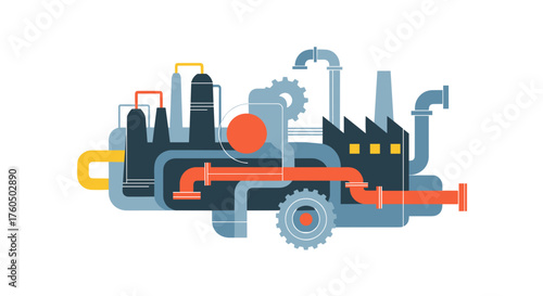 Stylized industrial factory illustration with pipes and gears Manufacturing and production concept