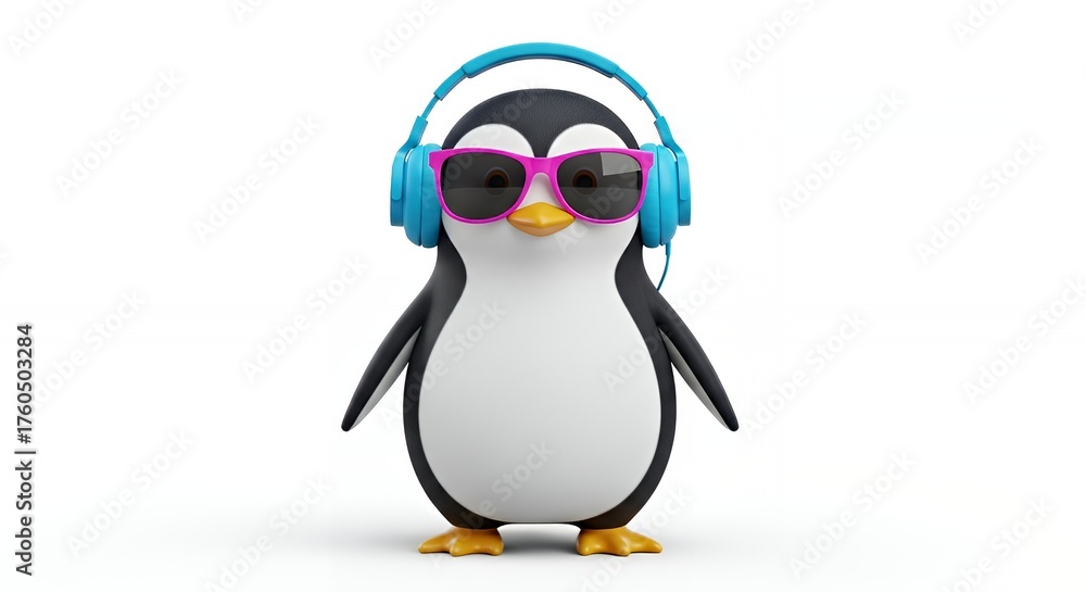 Obraz premium Cute Cartoon Penguin Wearing Blue Headphones and Pink Sunglasses on White Background