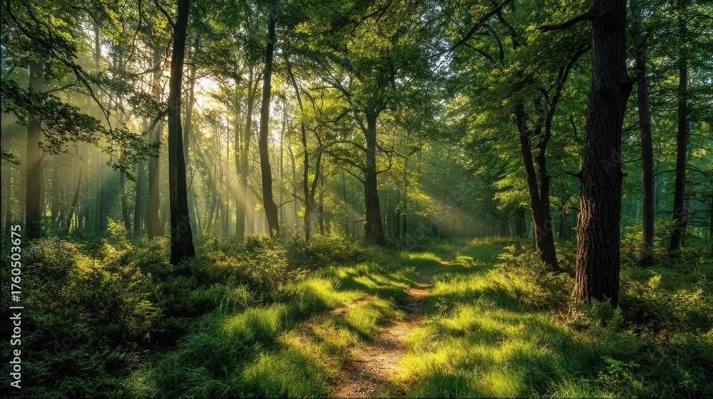 Obraz premium Sunlight streams through the trees illuminating a peaceful forest pathway. Lush greenery surrounds the winding trail creating a serene atmosphere in the morning light.