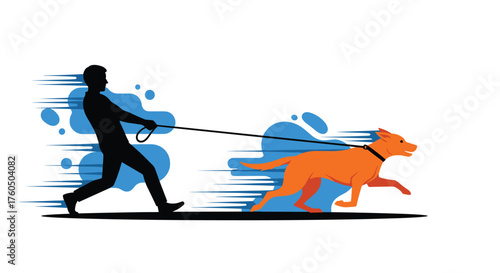 Dynamic dog walker silhouette leads energetic orange dog with playful speed effect, promoting active lifestyle and pet ownership, perfect for fitness campaigns