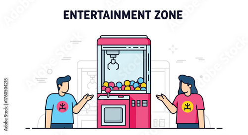 Excited friends at the entertainment zone playing the claw machine together, hoping to win a prize in this fun, interactive retro game