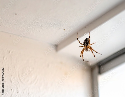 A spider spinning a web in the corner of the ceiling.