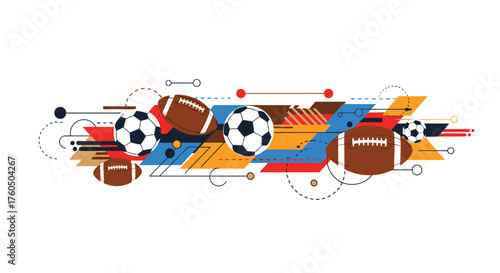 Dynamic sports design featuring soccer and footballs with vibrant geometric accents for energetic marketing campaigns and modern sports themed projects