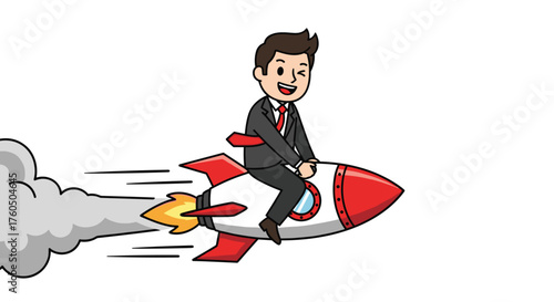 Cartoon Businessman Riding Rocket to Success and Innovation, Symbolizing Growth and Achievement in a Dynamic, Vibrant Style for Business Ventures
