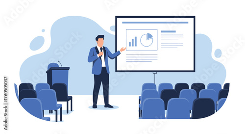 Dynamic presenter delivering engaging business presentation with charts and graphs to empty conference room audience, perfect for online courses and webinars