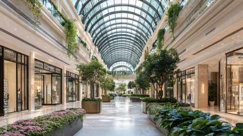 Wallpaper Mural An elegant shopping mall features tall glass ceilings and lush greenery. Shoppers stroll along the spacious walkway lined with vibrant plants and high-end stores. Torontodigital.ca