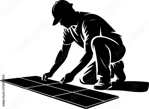 tiler laying tiles on the floor silhouette Vector illustration