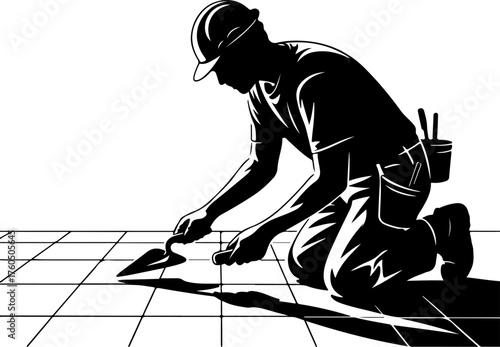 tiler laying tiles on the floor silhouette Vector illustration