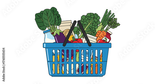 Healthy grocery haul with fresh vegetables and pantry staples in a modern blue basket, ready for delicious meals and mindful eating