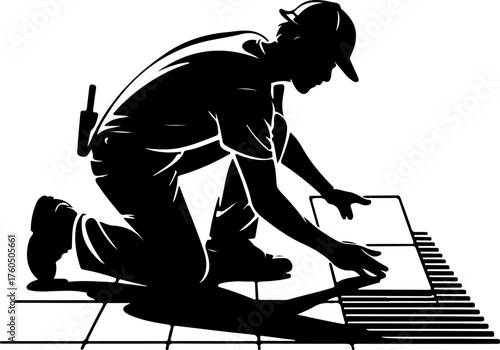 tiler laying tiles on the floor silhouette Vector illustration