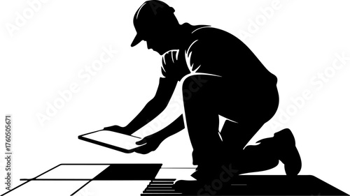 tiler laying tiles on the floor silhouette Vector illustration