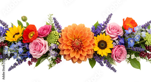 Vibrant floral arrangement with dahlia and sunflowers isolated on transparent background