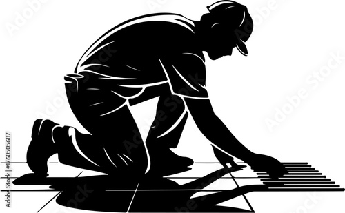 tiler laying tiles on the floor silhouette Vector illustration