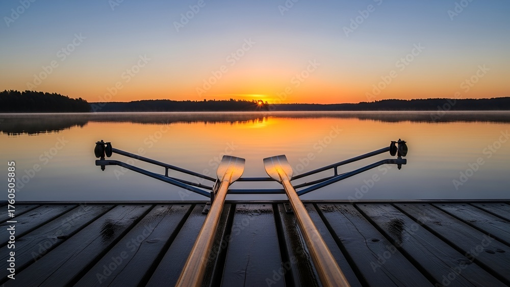 Fototapeta premium Scenic Sunset Over Calm Lake with Rowboats Docked at Wooden Pier