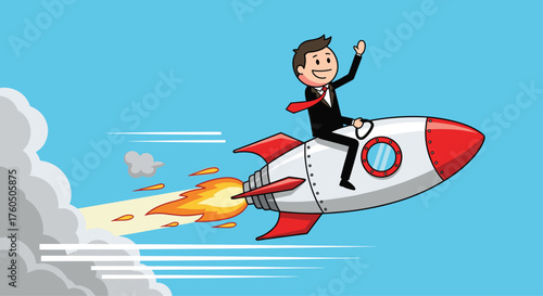 Watch this businessman soar to new heights with a fun rocket ride, symbolizing ambition and fast growth in a dynamic, playful way for business success