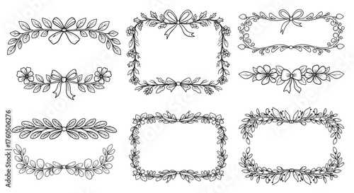 Collection of hand drawn floral decorative borders and frames with bows for design elements.