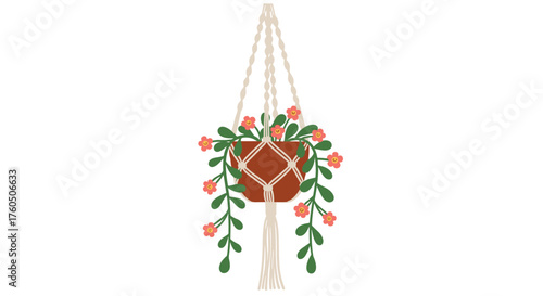 A beautiful hanging potted plant with vibrant green leaves and small orange flowers adorning the pot.