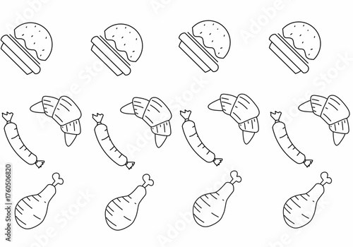 Hand drawn seamless pattern of baking and cooking tools, cake, cupcake, scale. Doodle sketch style. Illustration for textile, background