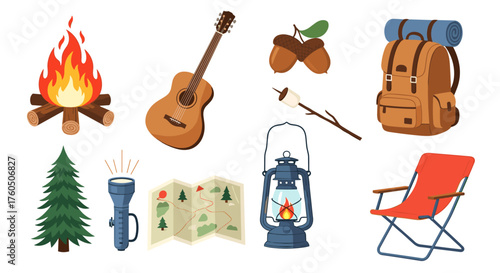 Collection of camping essentials including a campfire lantern backpack and guitar.