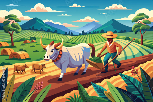 Farmer Plowing Field with Oxen – Rural Agriculture and Countryside Landscape Illustration
