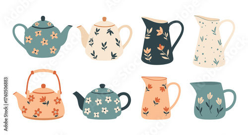 A collection of vintage inspired floral patterned teapots and pitchers perfect for kitchen decor.