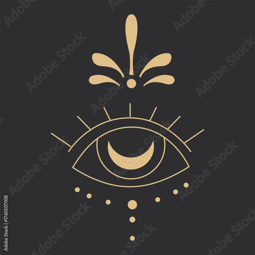 Celestial line eye with moon, dots, gold color on dark background. Minimal spiritual mystic protective symbol, tattoo. 