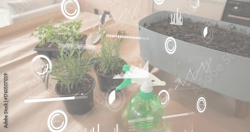 Digital gauges launching on tabletop at play start, monitoring seedlings and rosemary metrics