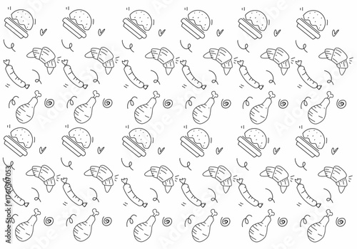 Hand drawn seamless pattern of baking and cooking tools, cake, cupcake, scale. Doodle sketch style. Illustration for textile, background
