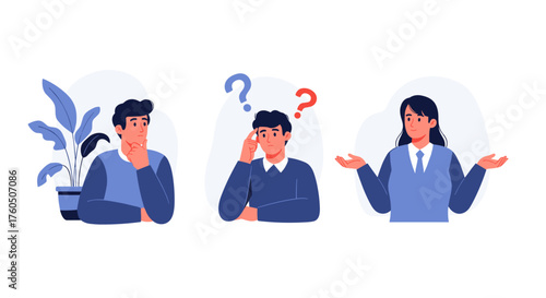 Three people pondering and showing confusion with question marks above their heads.