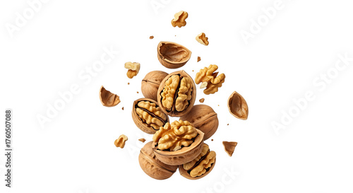 Whole and cracked walnuts falling and exploding isolated on transparent background
