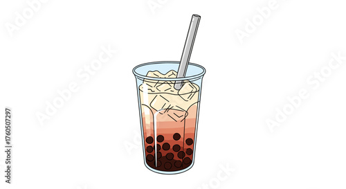 Delicious iced milk tea with chewy tapioca pearls and a straw.