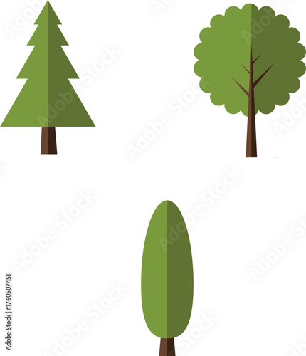 Flat Design Tree Icon Set - Vector Illustrations of Pine, Deciduous, and Cypress Trees
