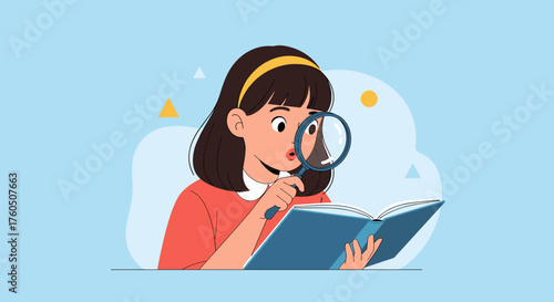Curious child examining a book with a magnifying glass to uncover hidden details.