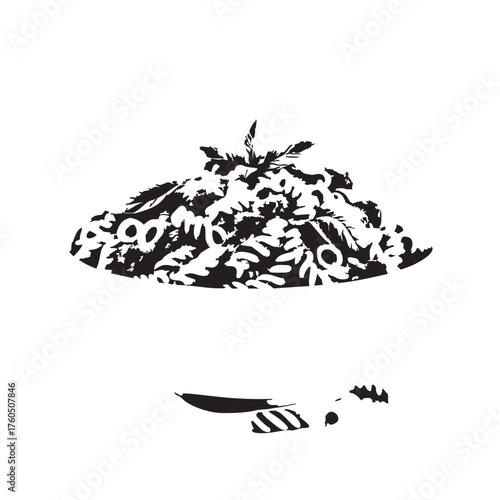 Pasta Bowl Silhouette Vector — Black and White Illustration of Rotini and Fusilli with Fork and Herb Garnish in Minimalist Style