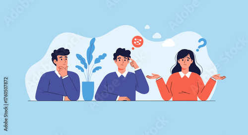 Three people thinking and confused with a question mark and lightbulb above their heads.