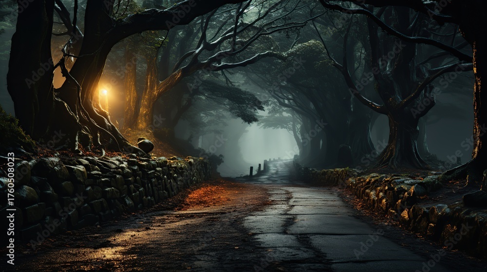 Fototapeta premium A Gloomy and Eerie Forest Path Illuminated by a Single Lantern with Silhouetted Figures in the Distance