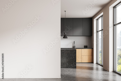 Modern kitchen interior with white blank wall for mockup next to a stylish cooking space with large windows and contemporary furniture setup. 3D Rendering