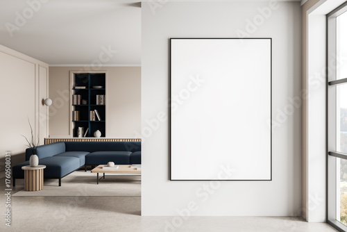Modern living room interior with large empty poster mockup on white wall near window and stylish furniture in neutral tones and cozy design setup. 3D Rendering