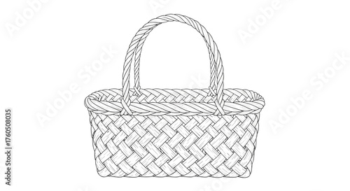 A detailed black and white drawing of a woven basket with a handle.
