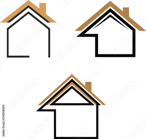 Real Estate House Roof Logo Set – Minimal Line Art Vector Icons on White